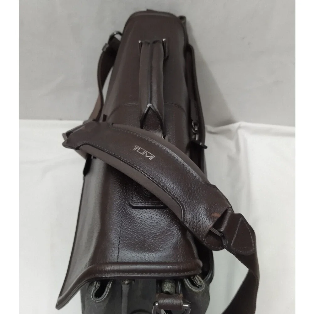 Tumi Brown Leather Gray Canvas Pushlock Laptop Briefcase Business Crossbody Bag